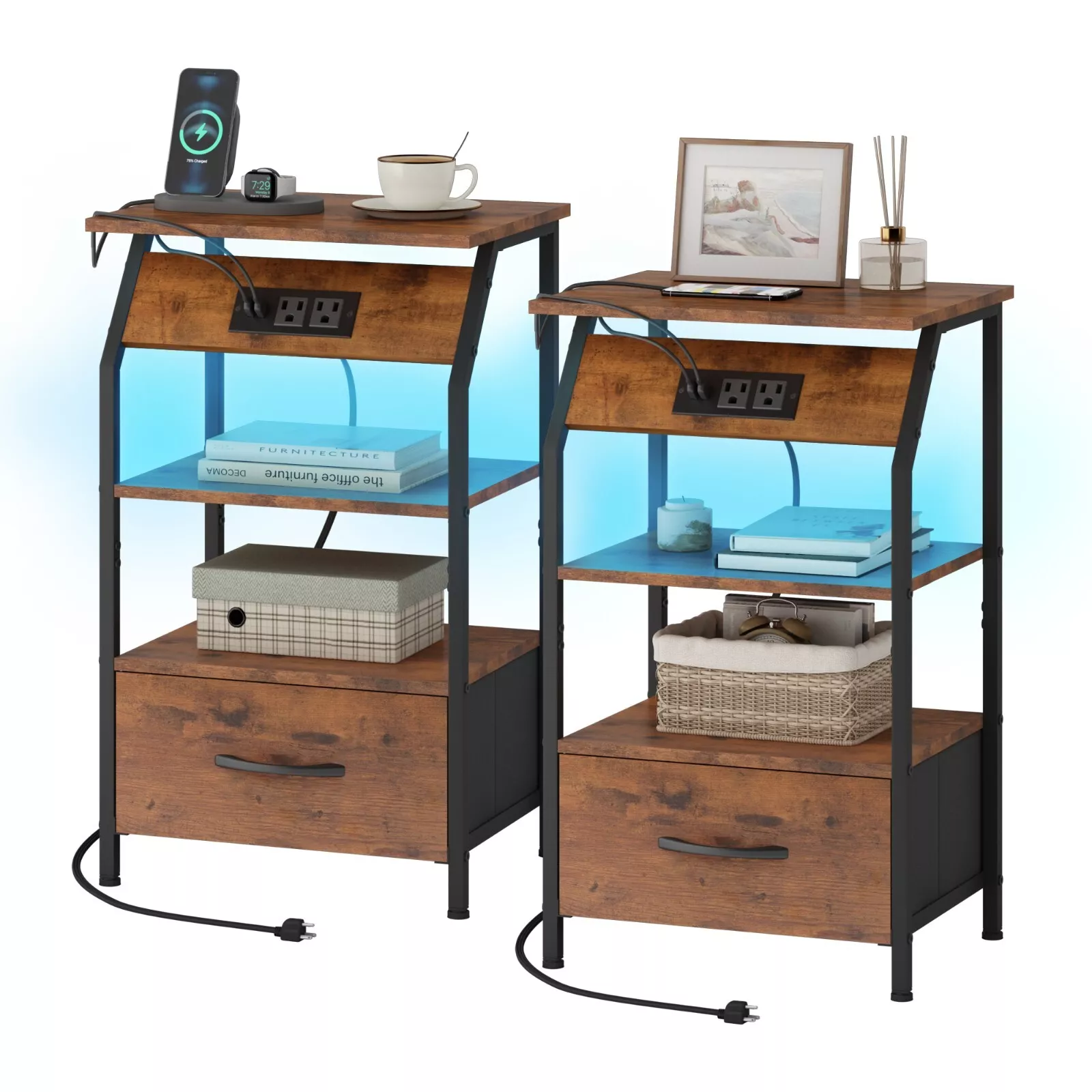 Nightstand with Charging Station LED Light Drawers